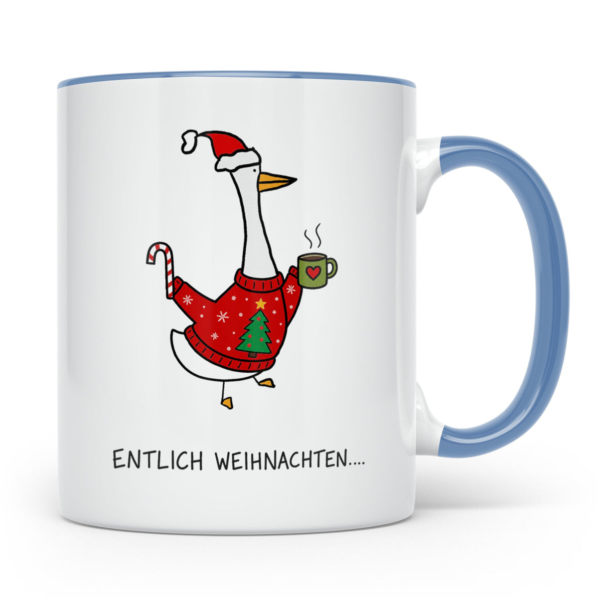 Gans Tasse Weihnachten Lustig mit Spruch Endlich Weihnachten – Blau [farbe:blau]
