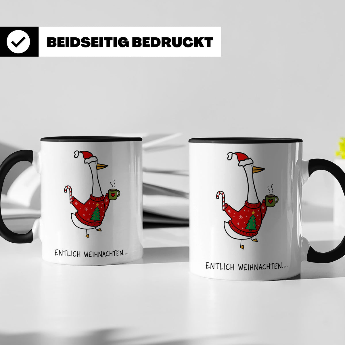 Gans Tasse Weihnachten Lustig mit Spruch Endlich Weihnachten – Schwarz [farbe:schwarz]