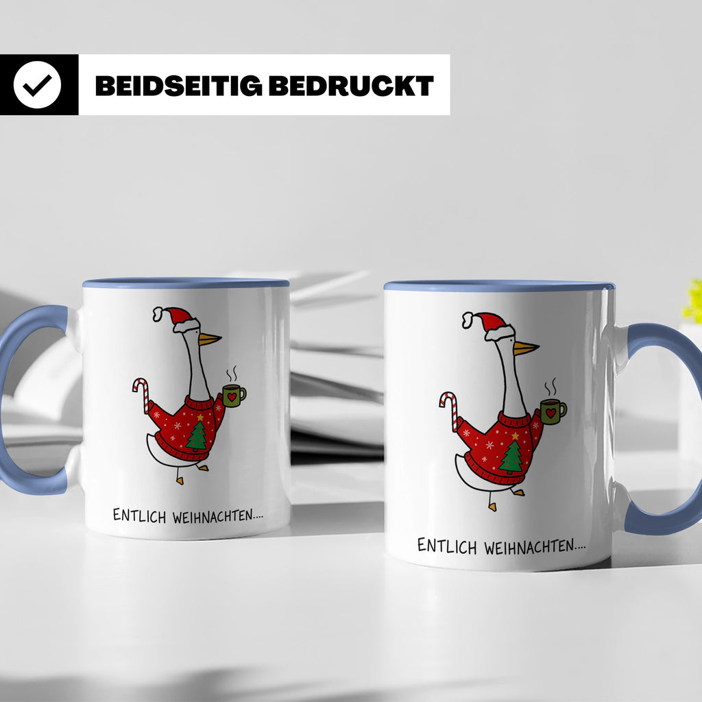 Gans Tasse Weihnachten Lustig mit Spruch Endlich Weihnachten – Blau [farbe:blau]