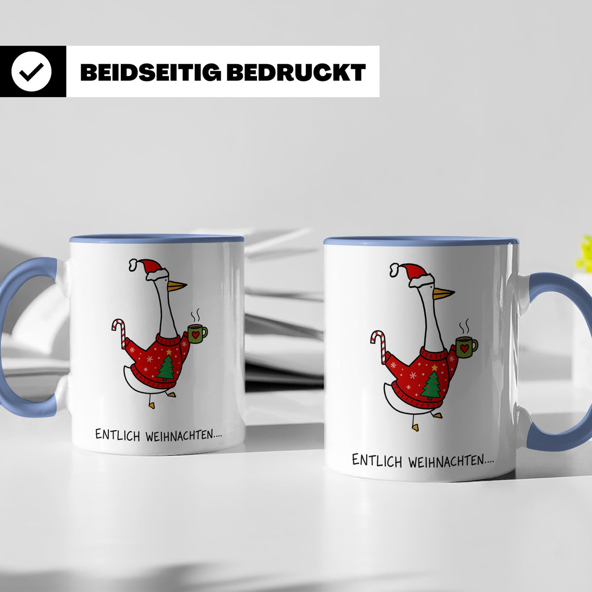 Gans Tasse Weihnachten Lustig mit Spruch Endlich Weihnachten – Blau [farbe:blau]