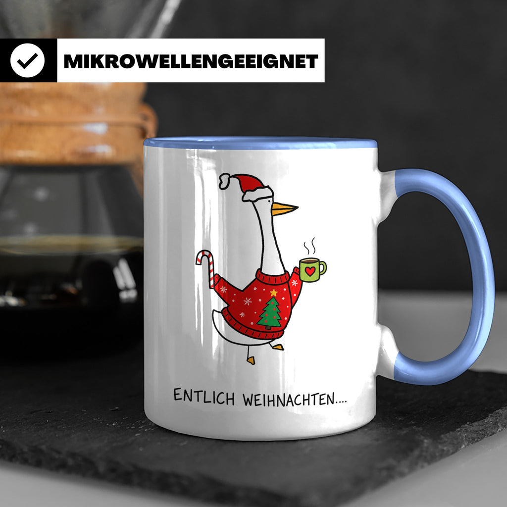 Gans Tasse Weihnachten Lustig mit Spruch Endlich Weihnachten – Blau [farbe:blau]