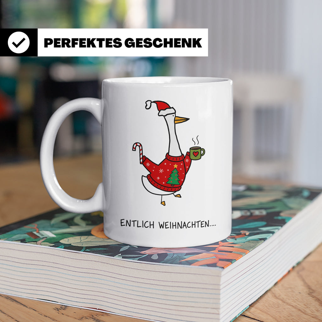 Gans Tasse Weihnachten Lustig mit Spruch Endlich Weihnachten – Weiß [farbe:weiß]