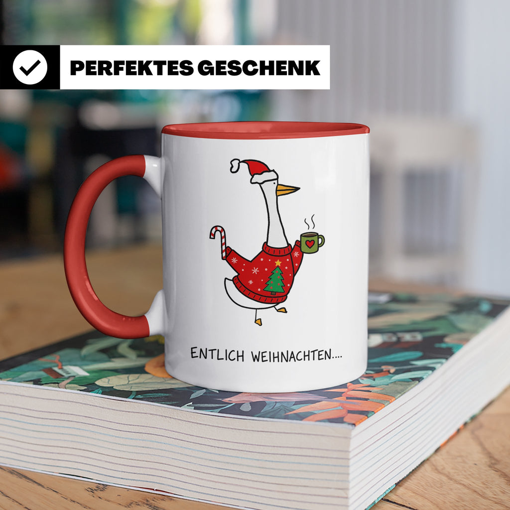 Gans Tasse Weihnachten Lustig mit Spruch Endlich Weihnachten – Rot [farbe:rot]