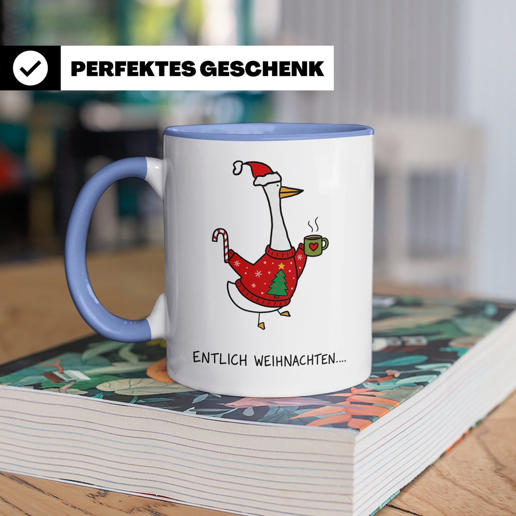 Gans Tasse Weihnachten Lustig mit Spruch Endlich Weihnachten – Blau [farbe:blau]