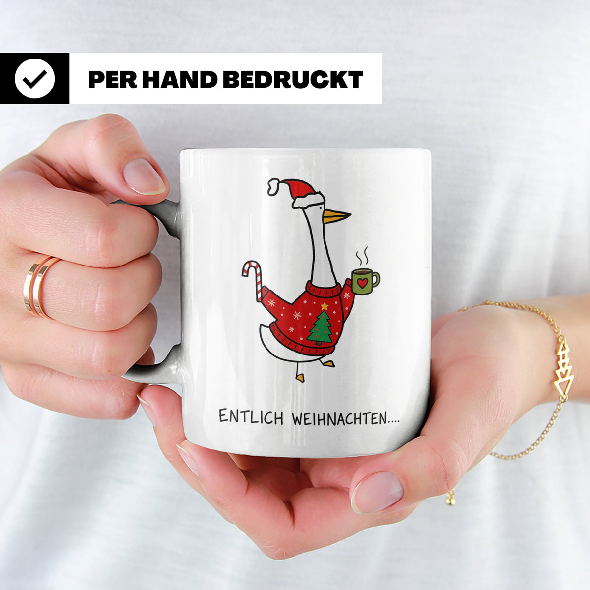 Gans Tasse Weihnachten Lustig mit Spruch Endlich Weihnachten – Weiß [farbe:weiß]