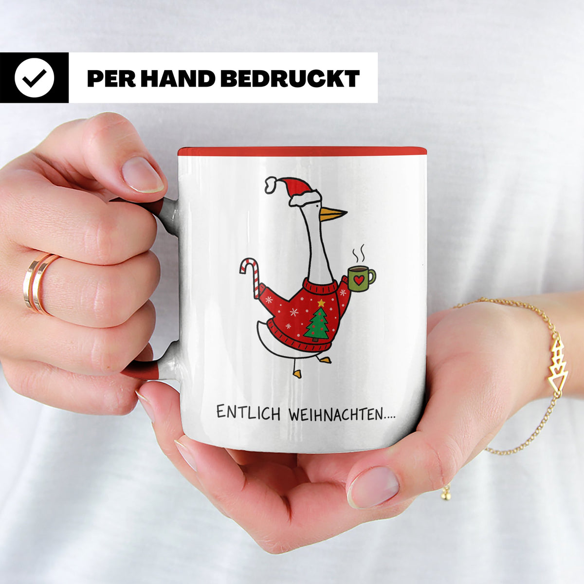 Gans Tasse Weihnachten Lustig mit Spruch Endlich Weihnachten – Rot [farbe:rot]