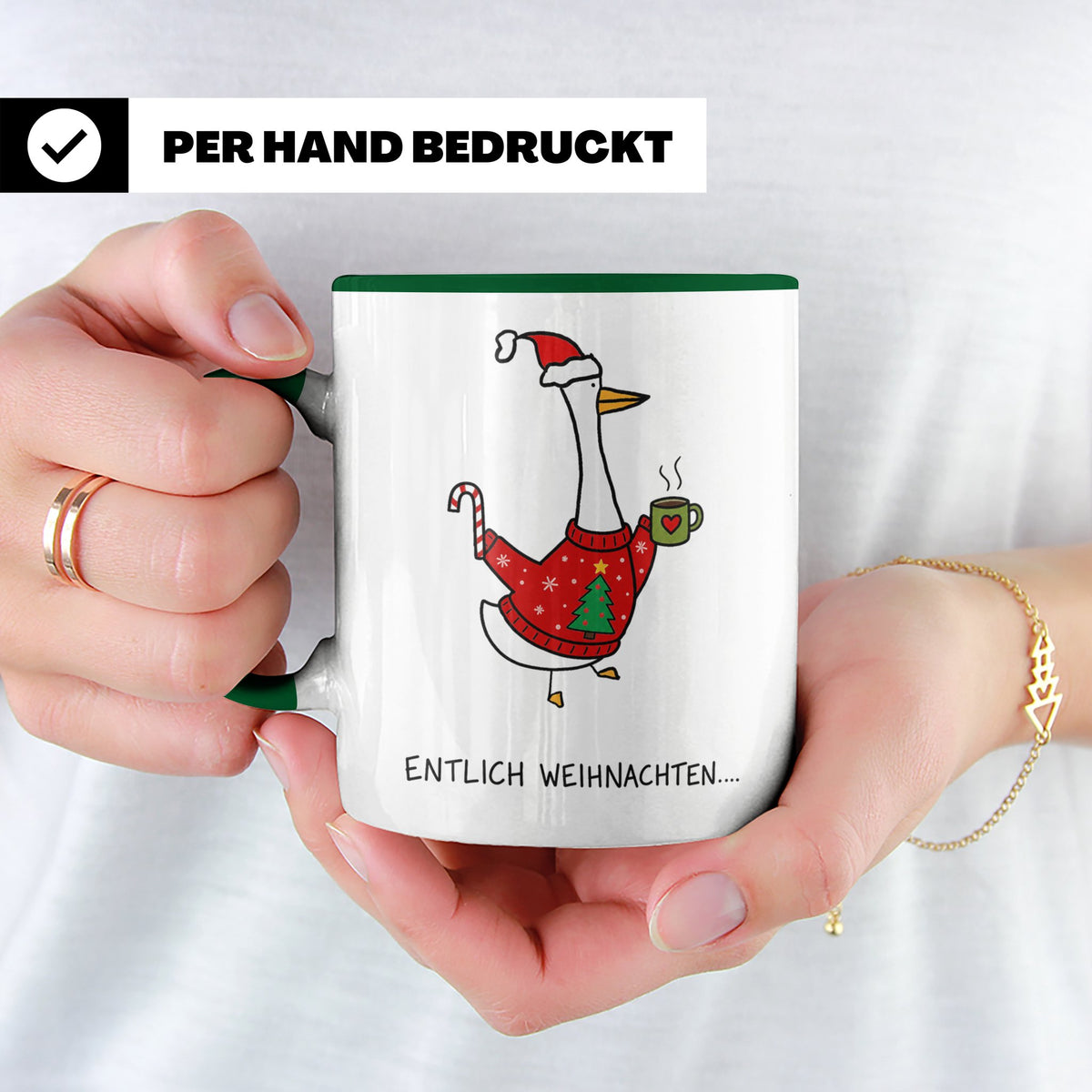 Gans Tasse Weihnachten Lustig mit Spruch Endlich Weihnachten – Grün [farbe:grün]