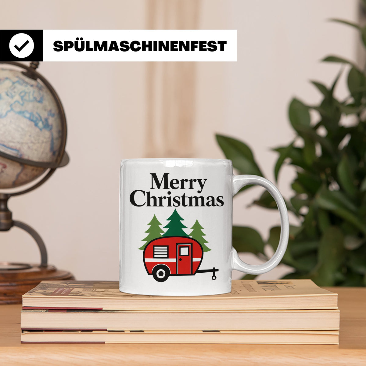 Camping Tasse Weihnachten, Roter Wohnwagen im Wald, Merry Ch – Weiß [farbe:weiß]