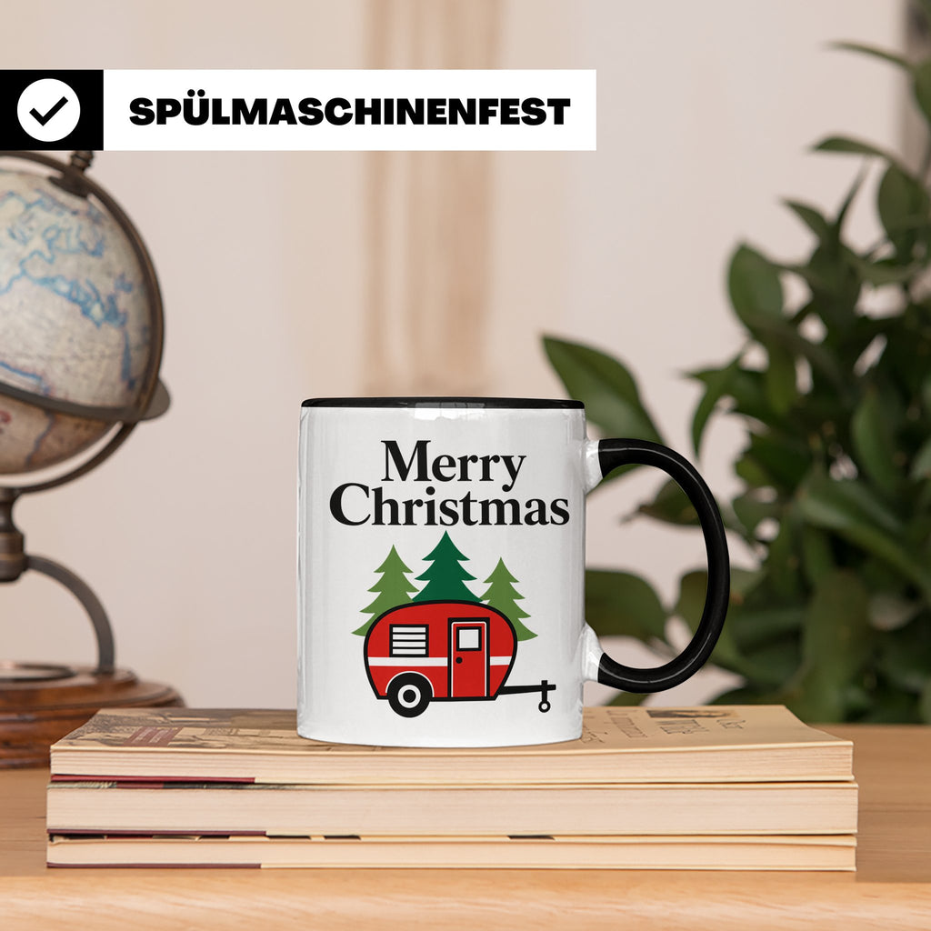 Camping Tasse Weihnachten, Roter Wohnwagen im Wald, Merry Ch – Schwarz [farbe:schwarz]