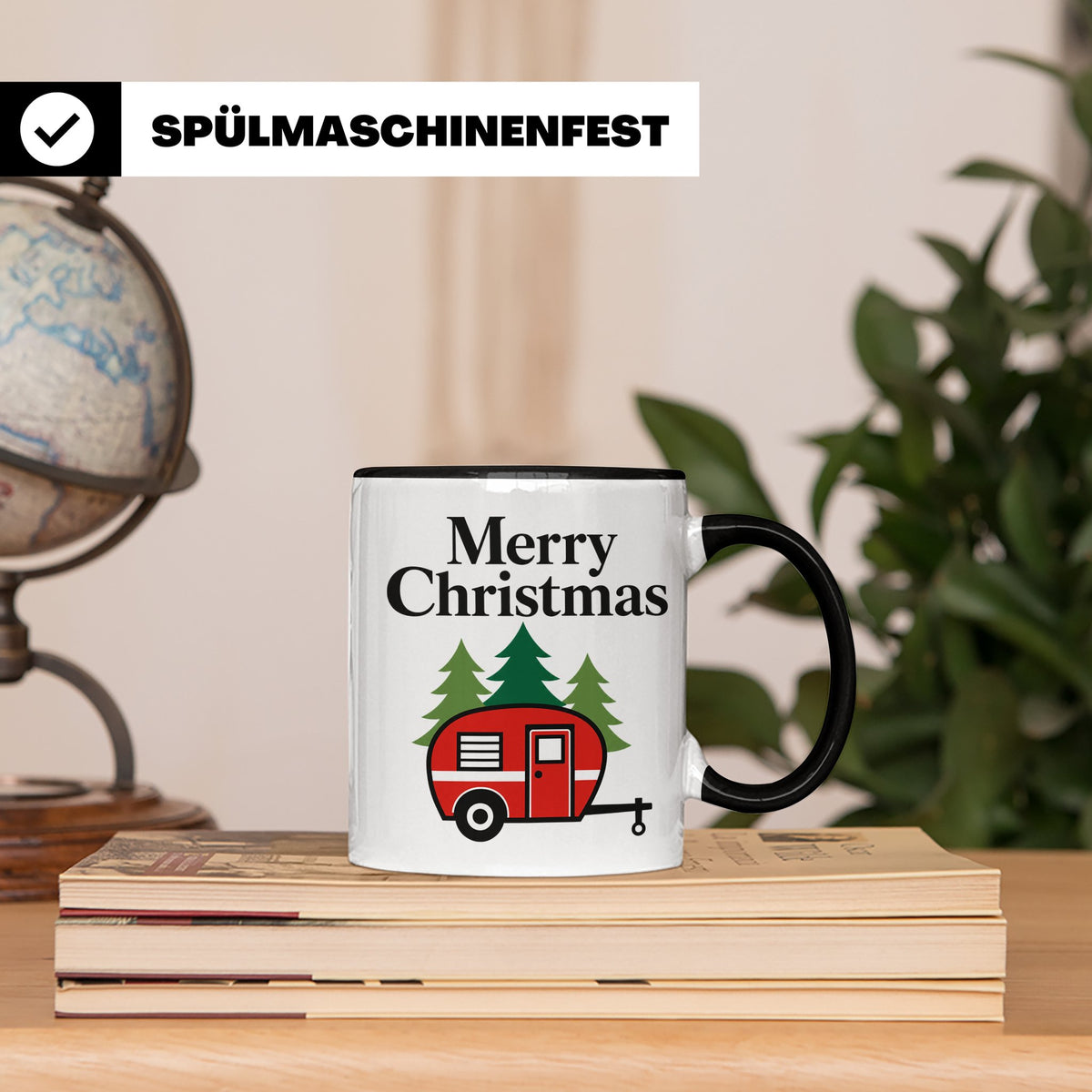 Camping Tasse Weihnachten, Roter Wohnwagen im Wald, Merry Ch – Schwarz [farbe:schwarz]