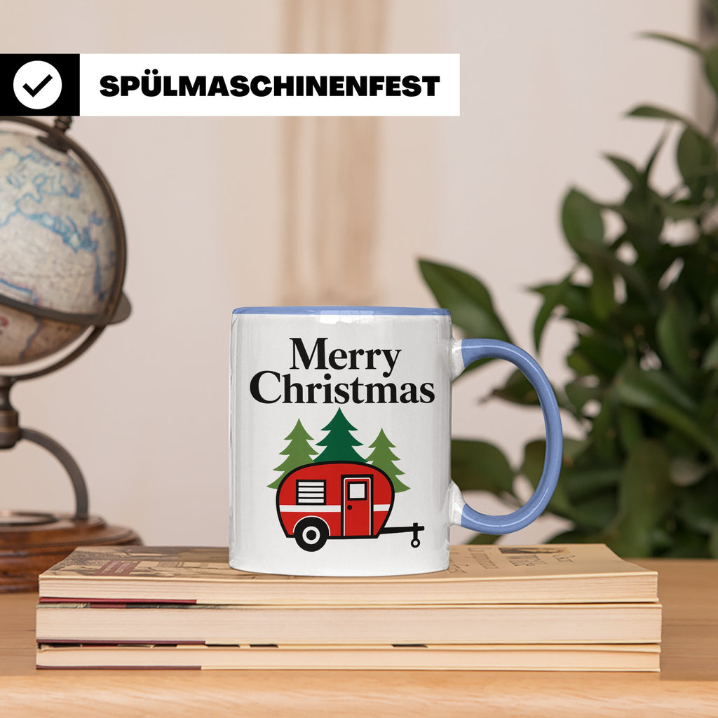 Camping Tasse Weihnachten, Roter Wohnwagen im Wald, Merry Ch – Blau [farbe:blau]