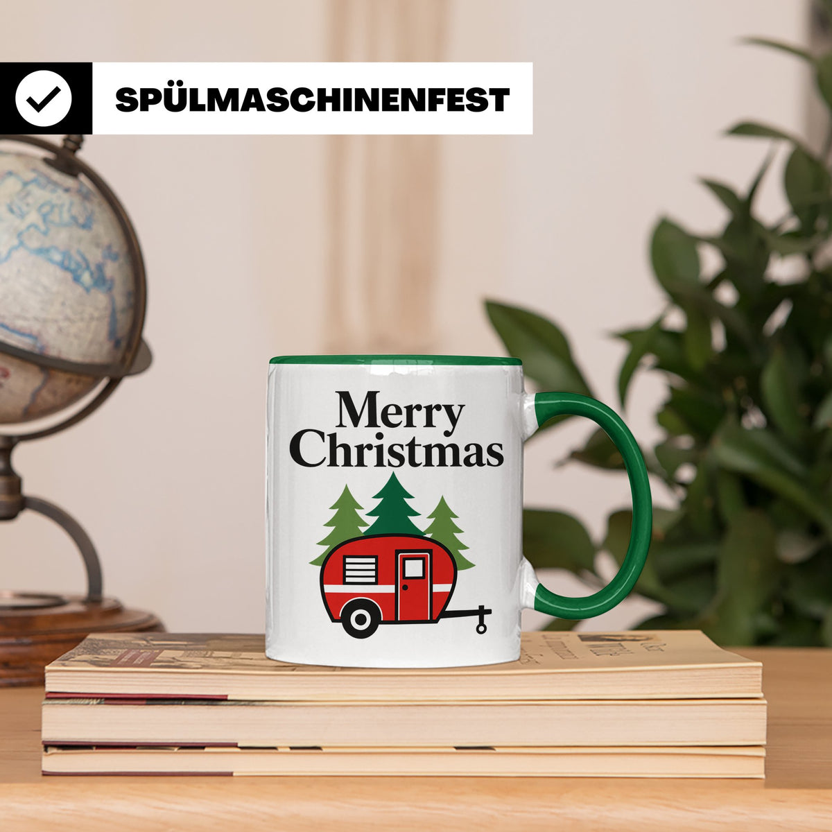 Camping Tasse Weihnachten, Roter Wohnwagen im Wald, Merry Ch – Grün [farbe:grün]