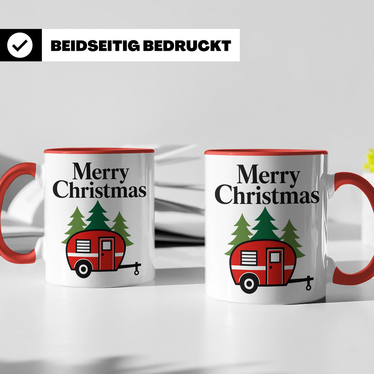Camping Tasse Weihnachten, Roter Wohnwagen im Wald, Merry Ch – Rot [farbe:rot]