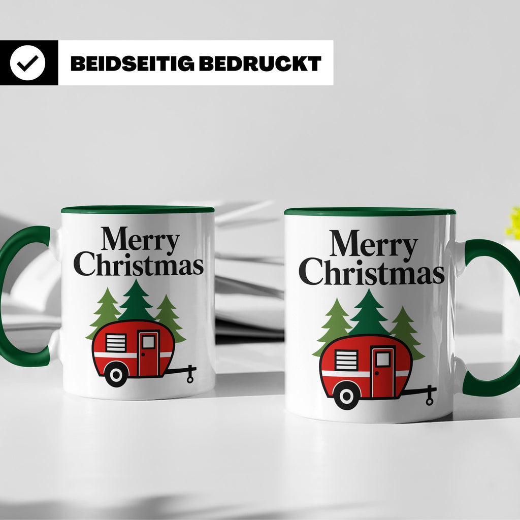 Camping Tasse Weihnachten, Roter Wohnwagen im Wald, Merry Ch – Grün [farbe:grün]