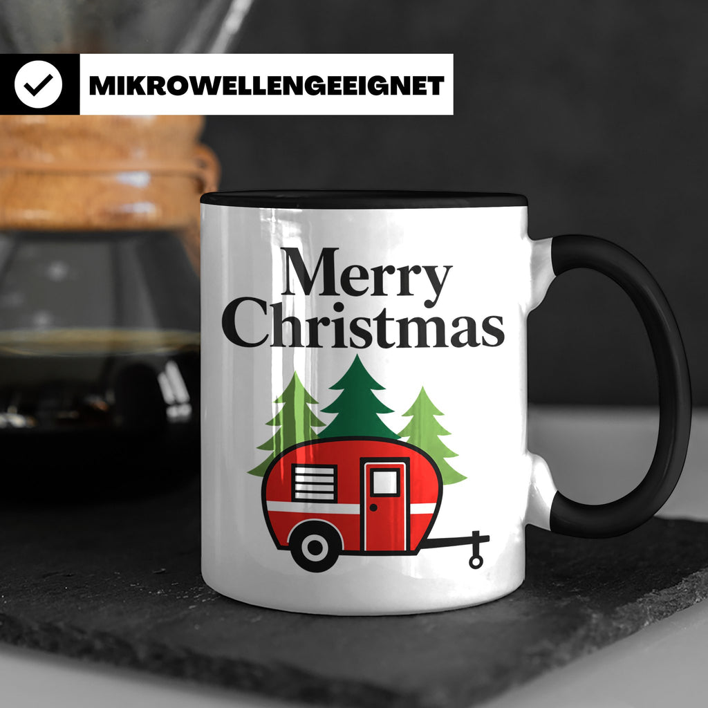 Camping Tasse Weihnachten, Roter Wohnwagen im Wald, Merry Ch – Schwarz [farbe:schwarz]