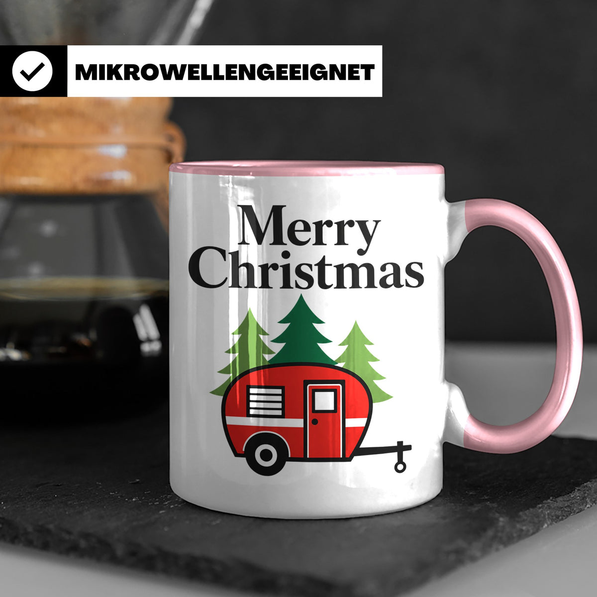 Camping Tasse Weihnachten, Roter Wohnwagen im Wald, Merry Ch – Rosa [farbe:rosa]