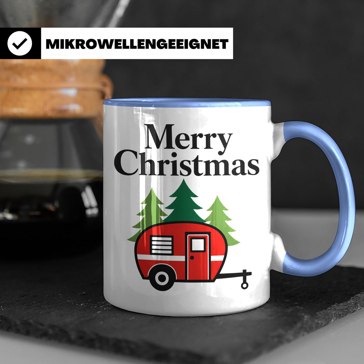 Camping Tasse Weihnachten, Roter Wohnwagen im Wald, Merry Ch – Blau [farbe:blau]