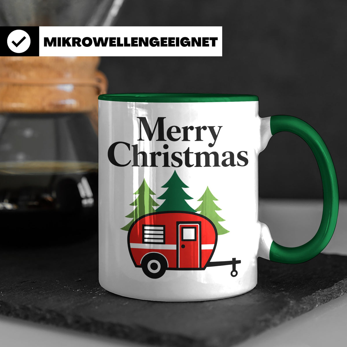 Camping Tasse Weihnachten, Roter Wohnwagen im Wald, Merry Ch – Grün [farbe:grün]