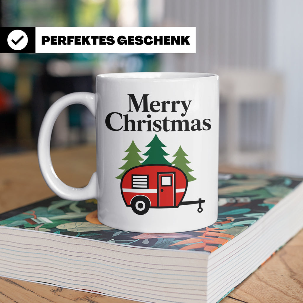 Camping Tasse Weihnachten, Roter Wohnwagen im Wald, Merry Ch – Weiß [farbe:weiß]