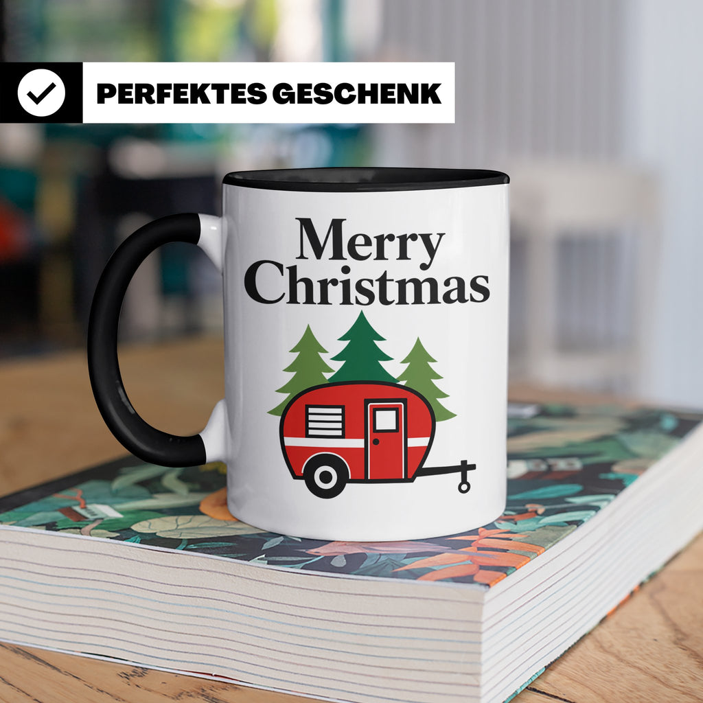 Camping Tasse Weihnachten, Roter Wohnwagen im Wald, Merry Ch – Schwarz [farbe:schwarz]