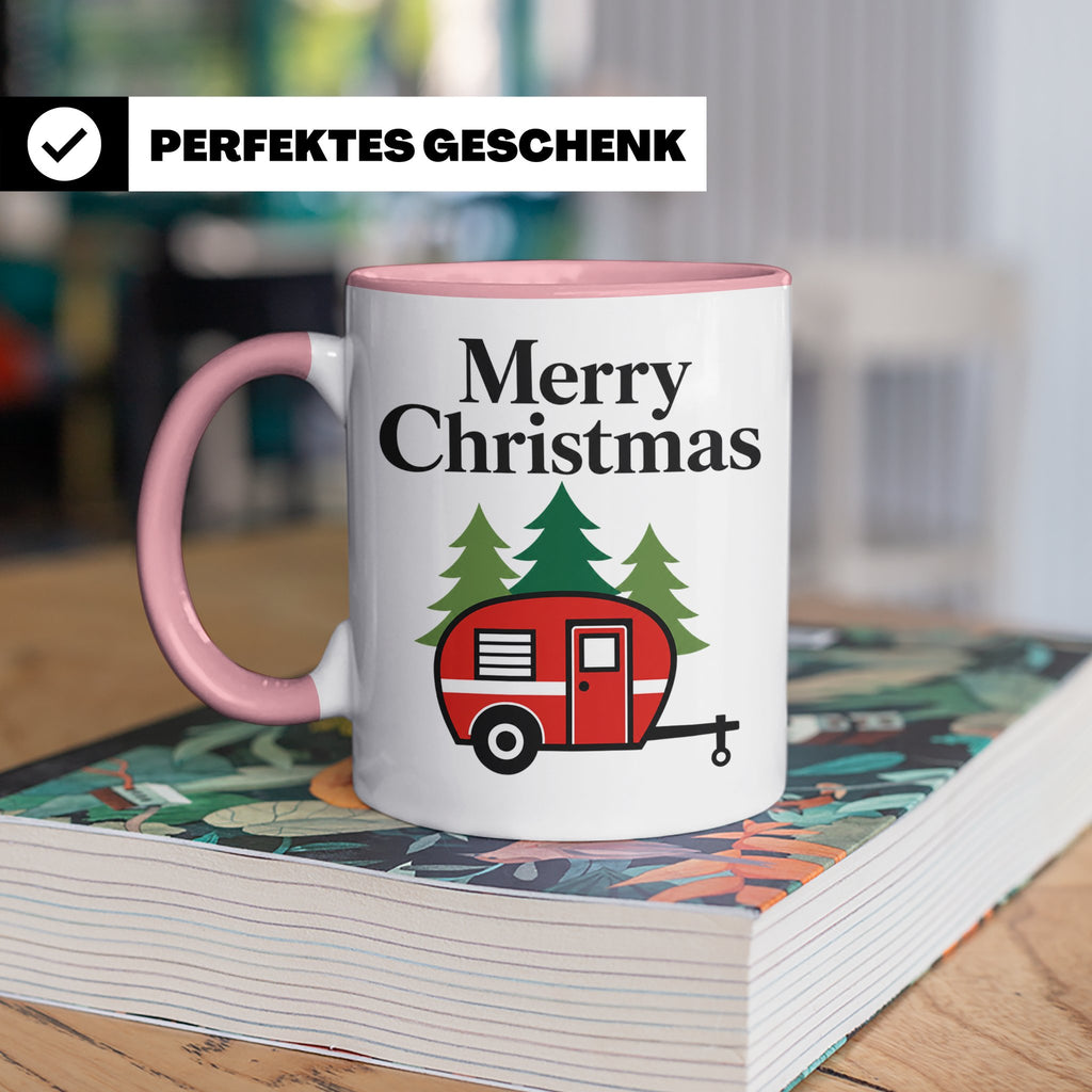Camping Tasse Weihnachten, Roter Wohnwagen im Wald, Merry Ch – Rosa [farbe:rosa]