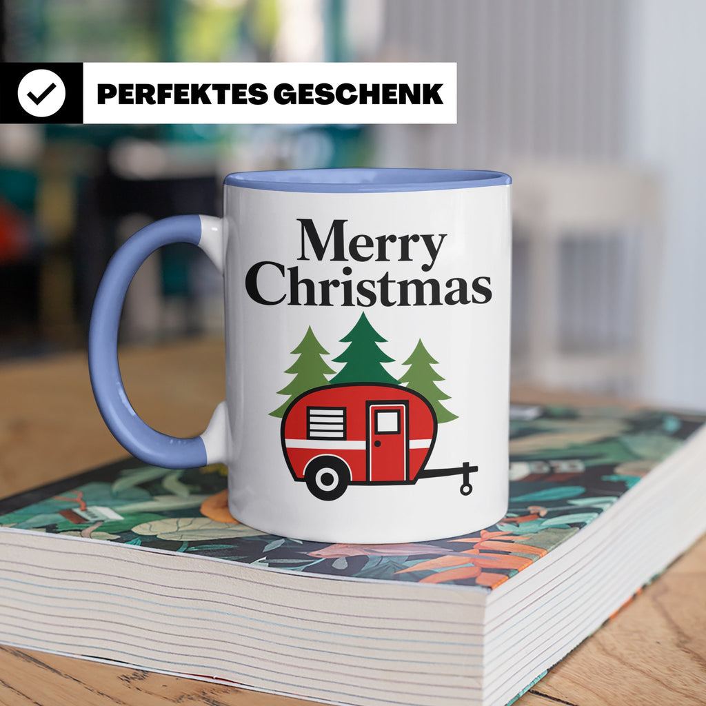 Camping Tasse Weihnachten, Roter Wohnwagen im Wald, Merry Ch – Blau [farbe:blau]