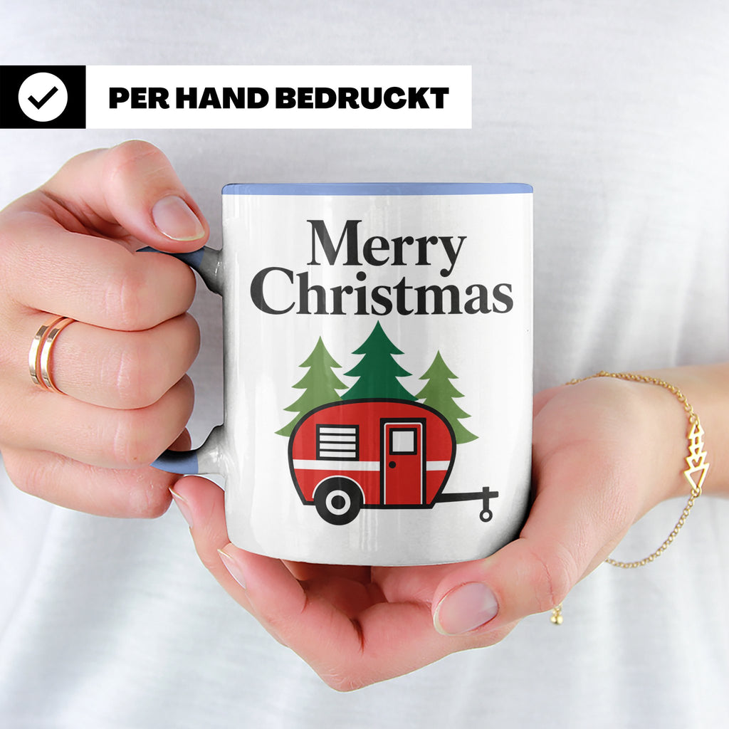 Camping Tasse Weihnachten, Roter Wohnwagen im Wald, Merry Ch – Blau [farbe:blau]