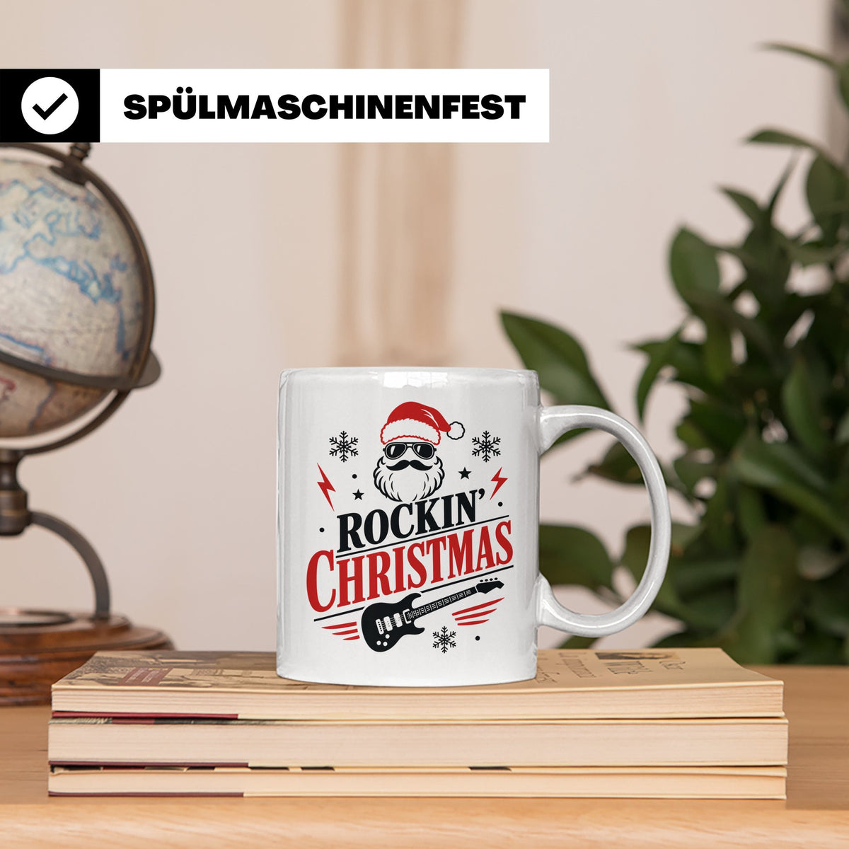 Rockin' Christmas Tasse mit coolem Weihnachtsmann & E-Gitarr – Weiß [farbe:weiß]