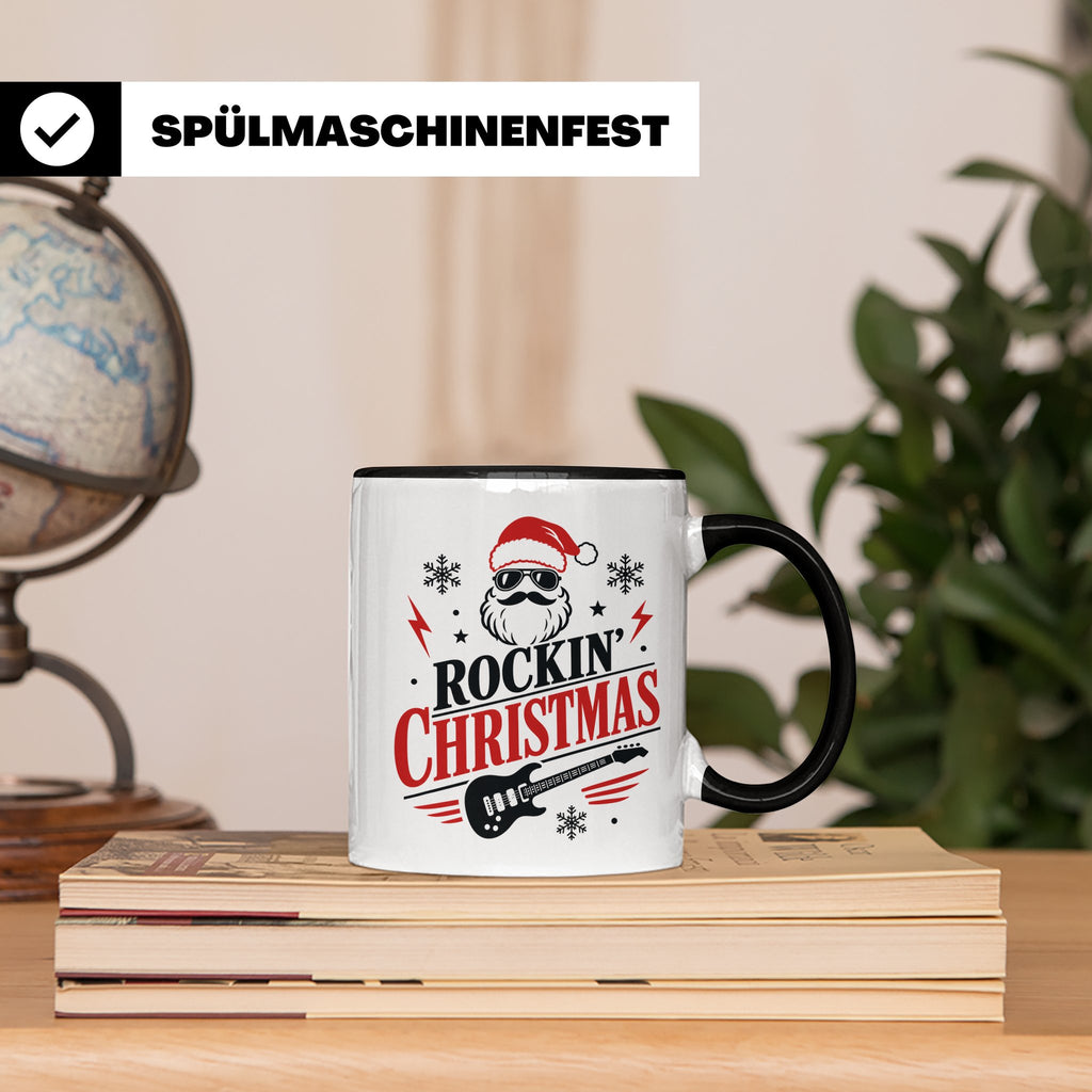 Rockin' Christmas Tasse mit coolem Weihnachtsmann & E-Gitarr – Schwarz [farbe:schwarz]
