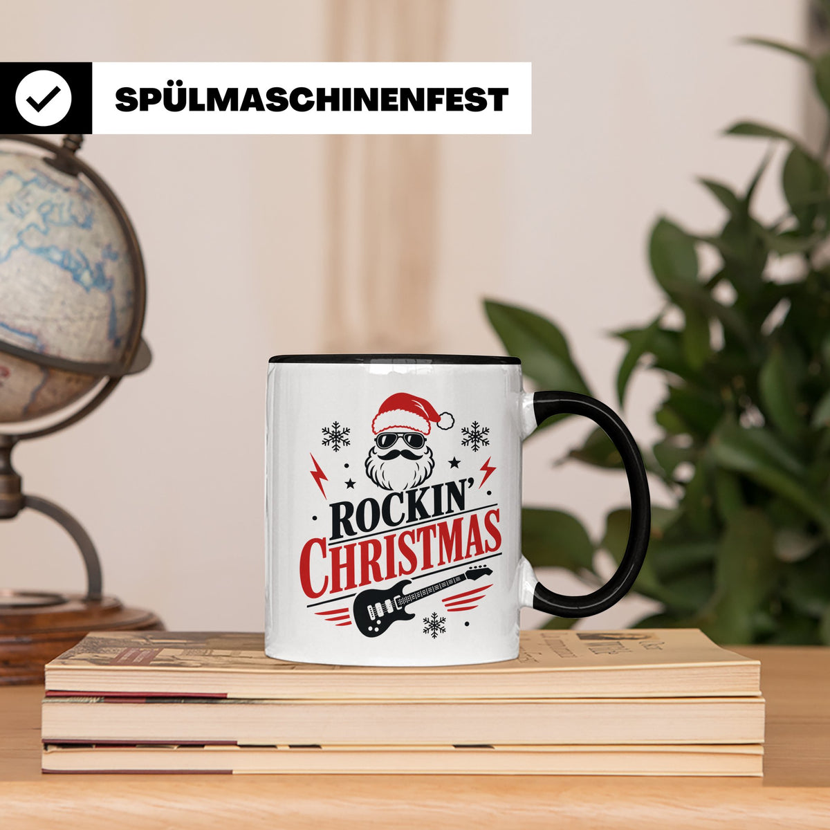 Rockin' Christmas Tasse mit coolem Weihnachtsmann & E-Gitarr – Schwarz [farbe:schwarz]