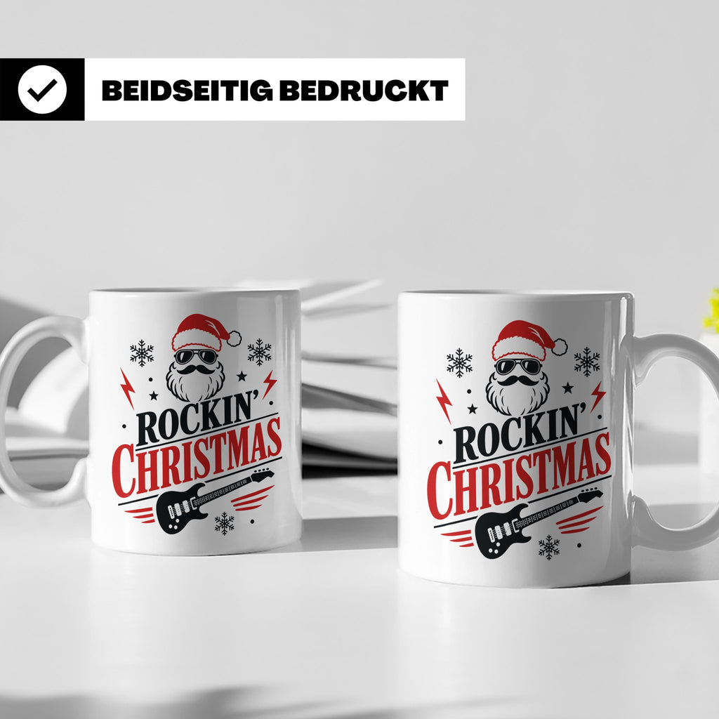 Rockin' Christmas Tasse mit coolem Weihnachtsmann & E-Gitarr – Weiß [farbe:weiß]
