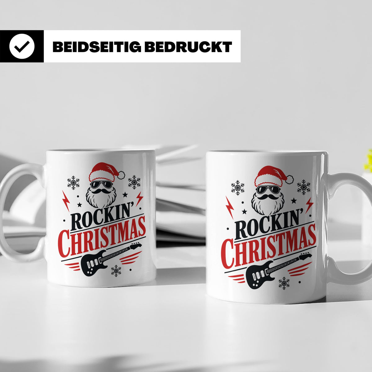Rockin' Christmas Tasse mit coolem Weihnachtsmann & E-Gitarr – Weiß [farbe:weiß]