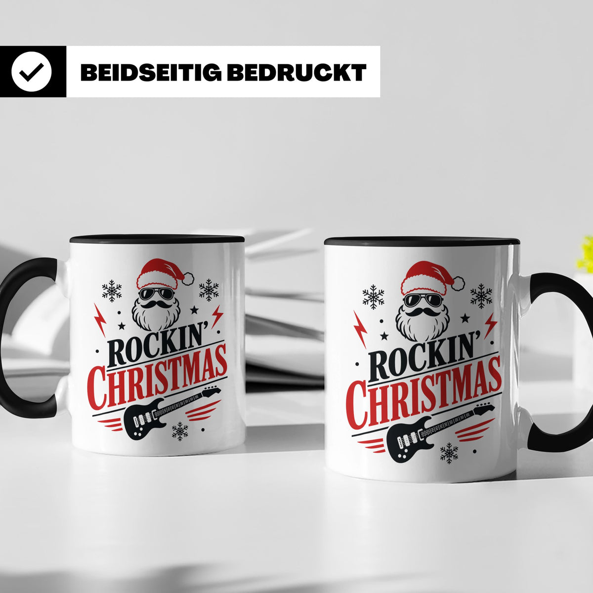 Rockin' Christmas Tasse mit coolem Weihnachtsmann & E-Gitarr – Schwarz [farbe:schwarz]