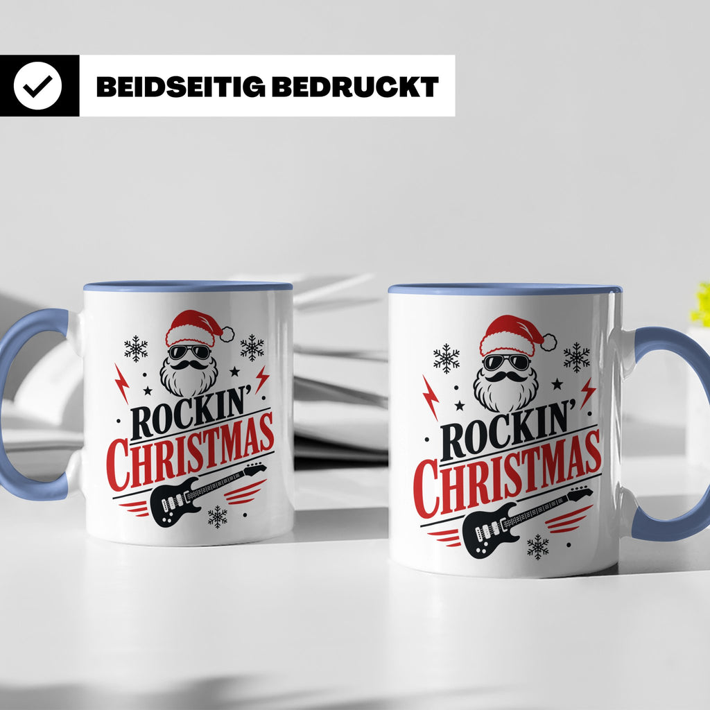 Rockin' Christmas Tasse mit coolem Weihnachtsmann & E-Gitarr – Blau [farbe:blau]