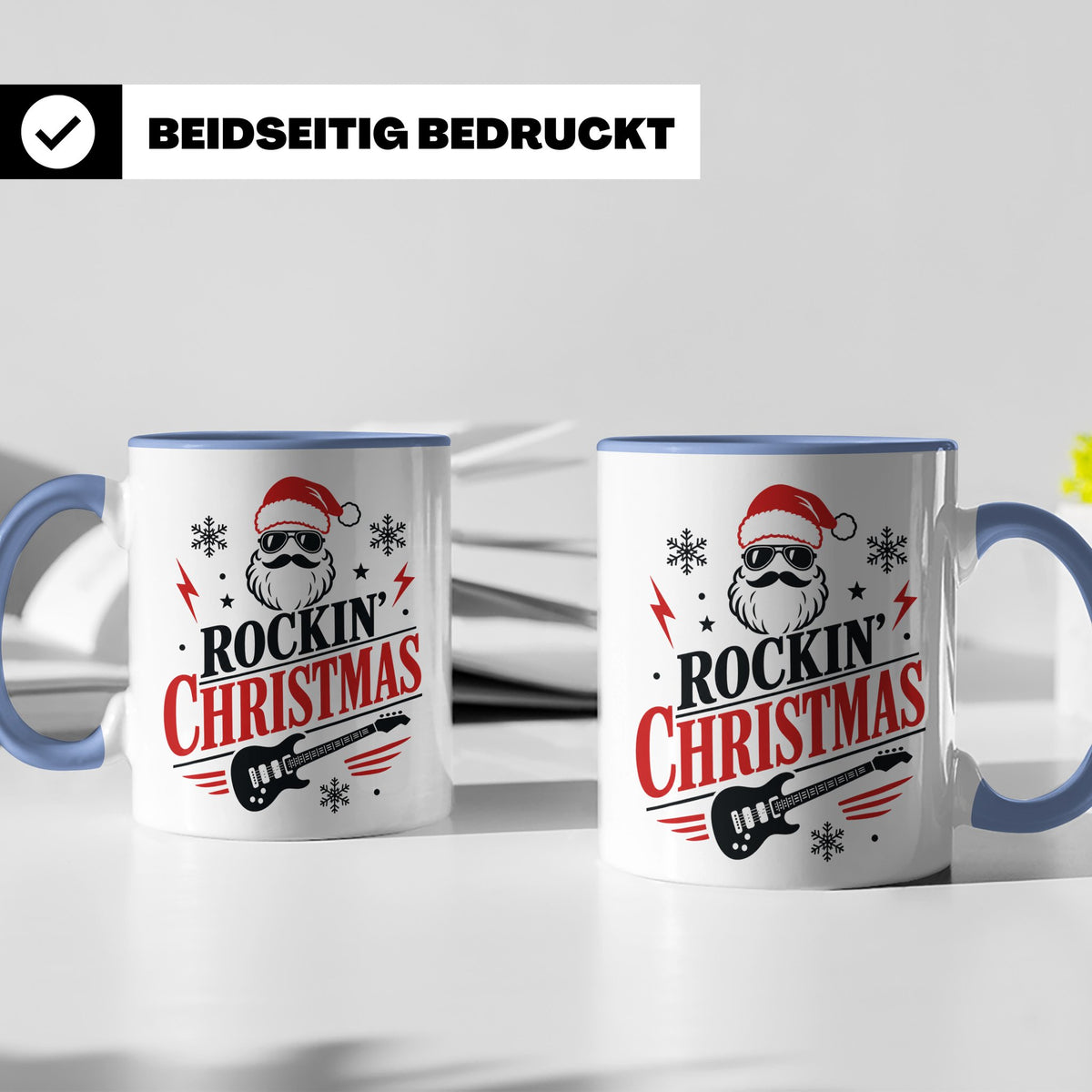 Rockin' Christmas Tasse mit coolem Weihnachtsmann & E-Gitarr – Blau [farbe:blau]