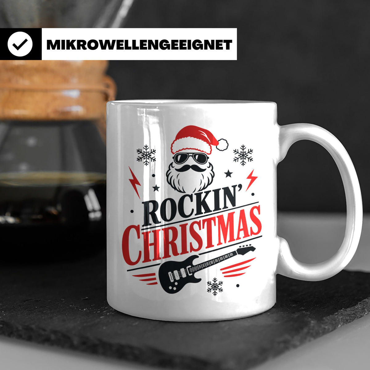 Rockin' Christmas Tasse mit coolem Weihnachtsmann & E-Gitarr – Weiß [farbe:weiß]