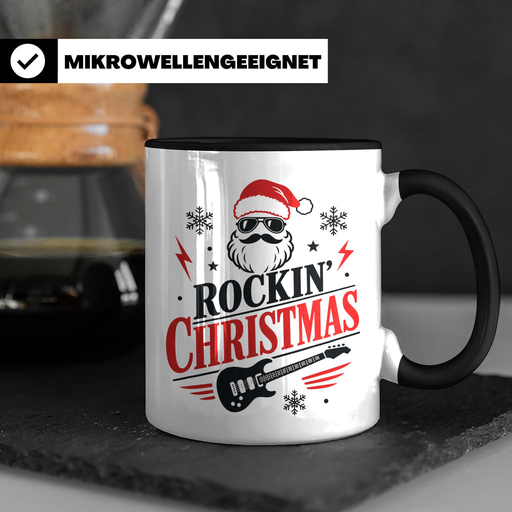 Rockin' Christmas Tasse mit coolem Weihnachtsmann & E-Gitarr – Schwarz [farbe:schwarz]
