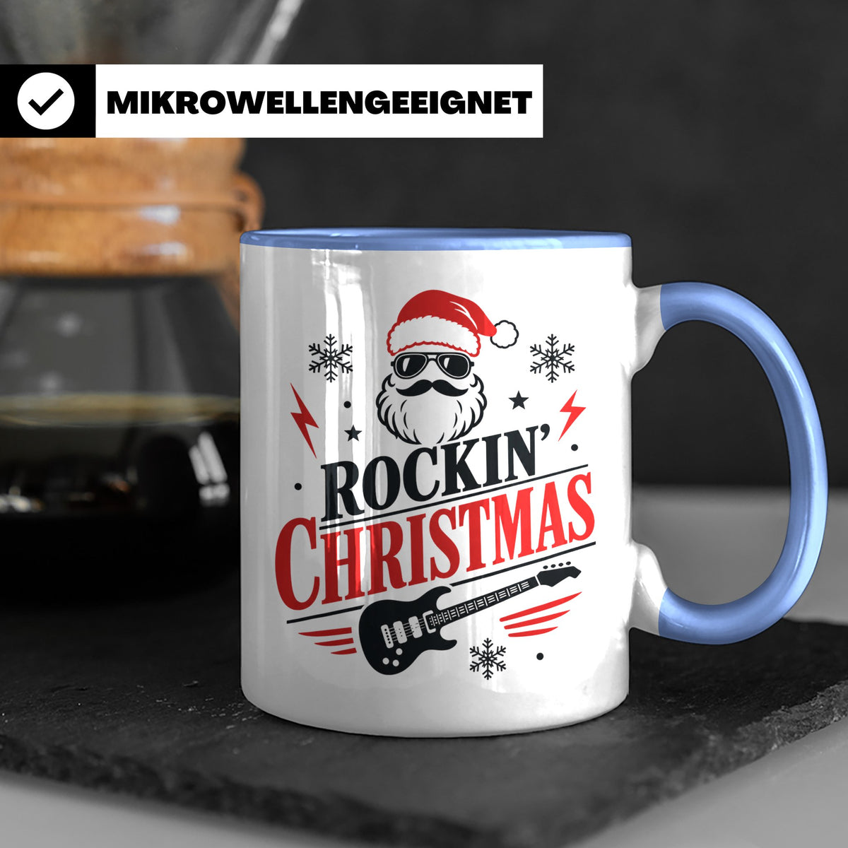 Rockin' Christmas Tasse mit coolem Weihnachtsmann & E-Gitarr – Blau [farbe:blau]