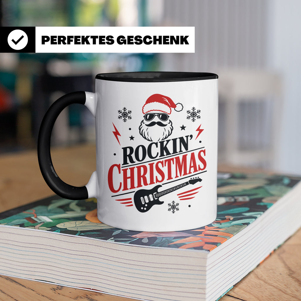Rockin' Christmas Tasse mit coolem Weihnachtsmann & E-Gitarr – Schwarz [farbe:schwarz]