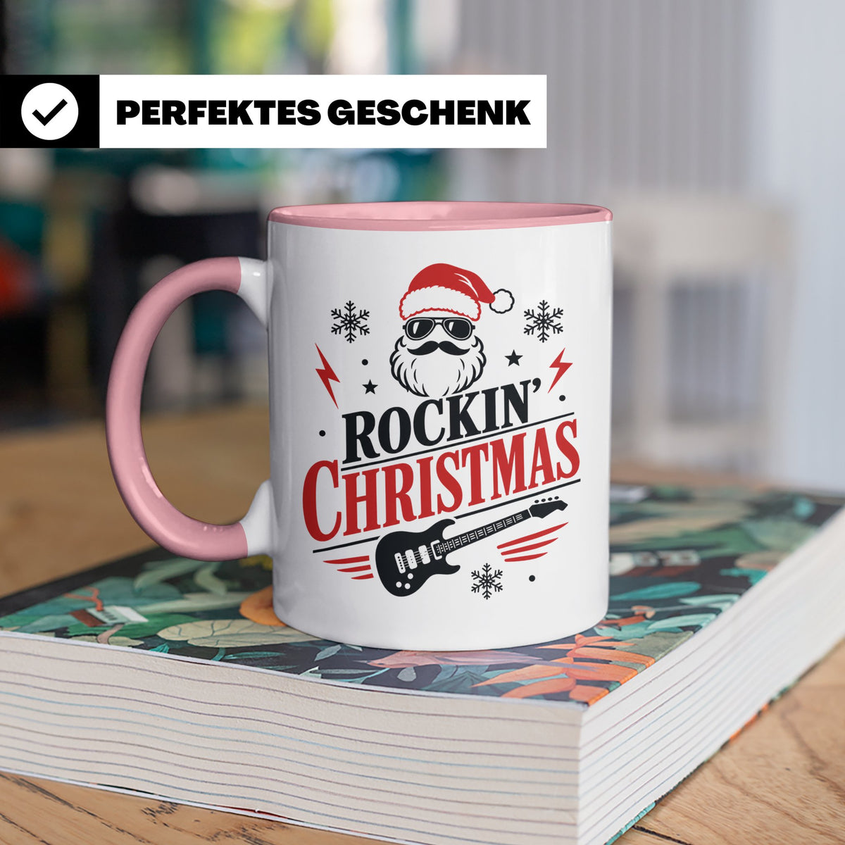 Rockin' Christmas Tasse mit coolem Weihnachtsmann & E-Gitarr – Rosa [farbe:rosa]