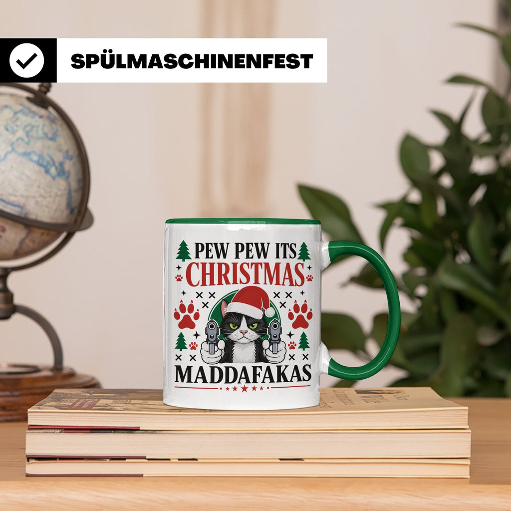 Pew Pew Maddafakas Tasse Katze mit Pistole | Lustiges Gesche – Grün [farbe:grün]