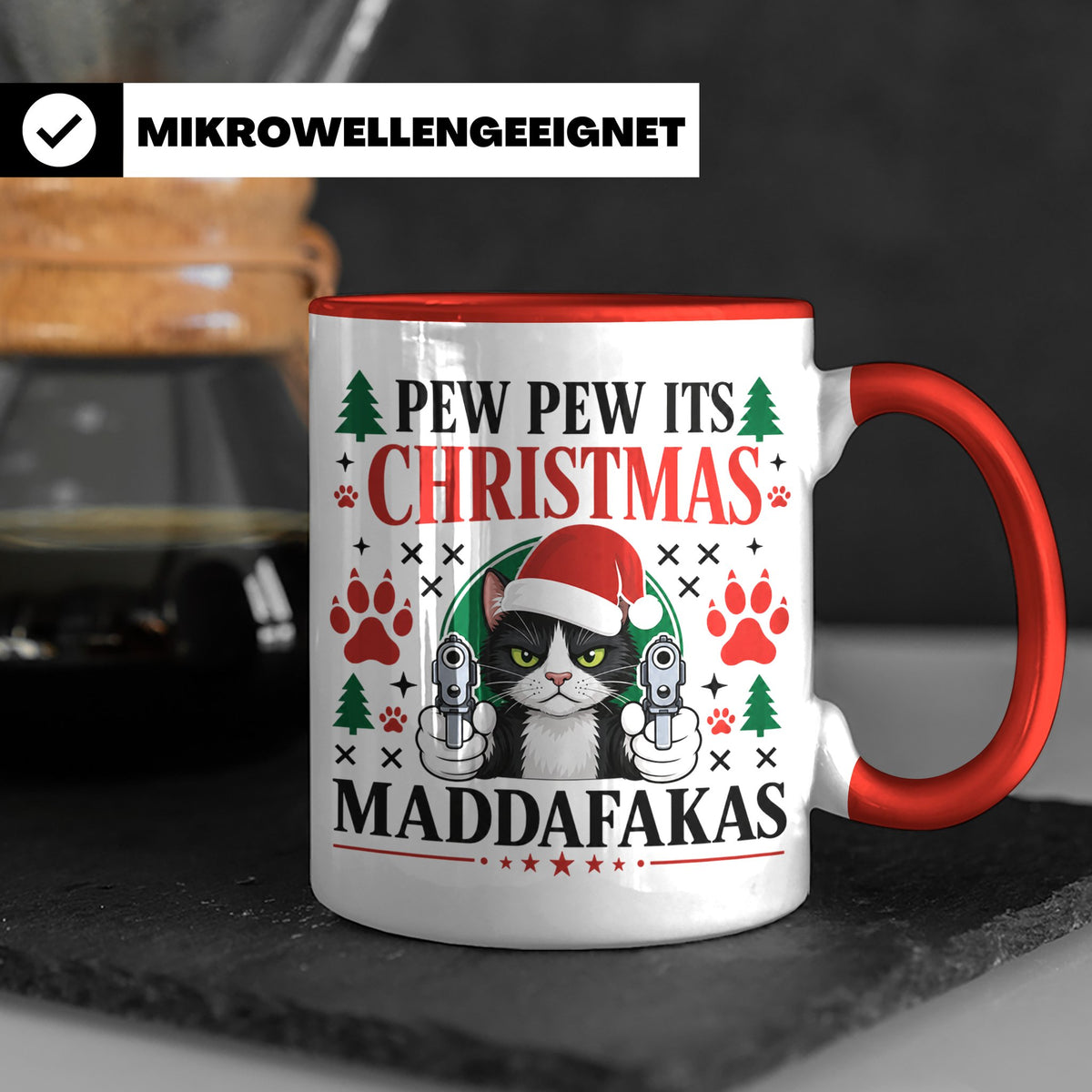Pew Pew Maddafakas Tasse Katze mit Pistole | Lustiges Gesche – Rot [farbe:rot]