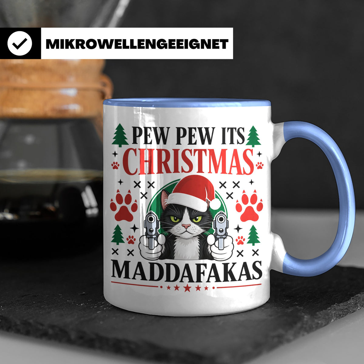 Pew Pew Maddafakas Tasse Katze mit Pistole | Lustiges Gesche – Blau [farbe:blau]