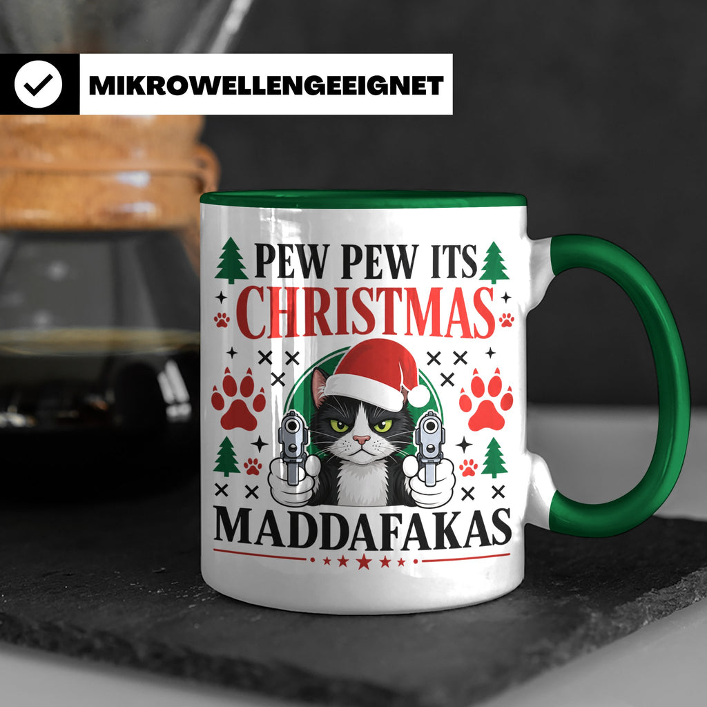 Pew Pew Maddafakas Tasse Katze mit Pistole | Lustiges Gesche – Grün [farbe:grün]