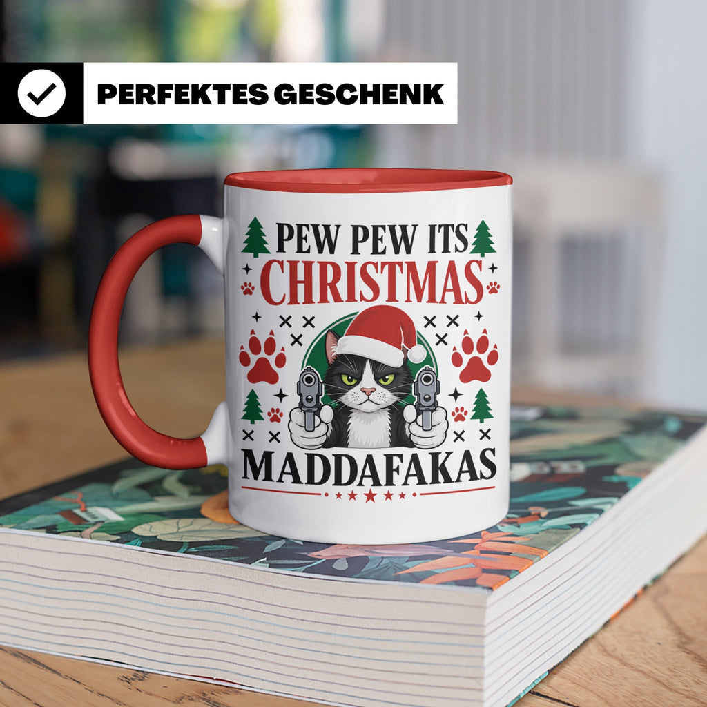 Pew Pew Maddafakas Tasse Katze mit Pistole | Lustiges Gesche – Rot [farbe:rot]
