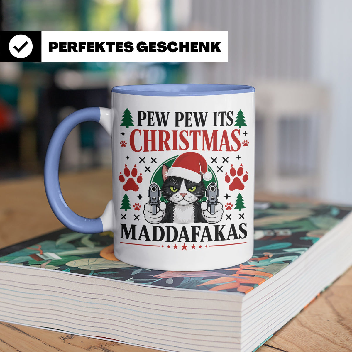 Pew Pew Maddafakas Tasse Katze mit Pistole | Lustiges Gesche – Blau [farbe:blau]