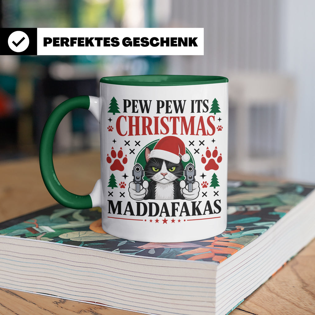 Pew Pew Maddafakas Tasse Katze mit Pistole | Lustiges Gesche – Grün [farbe:grün]