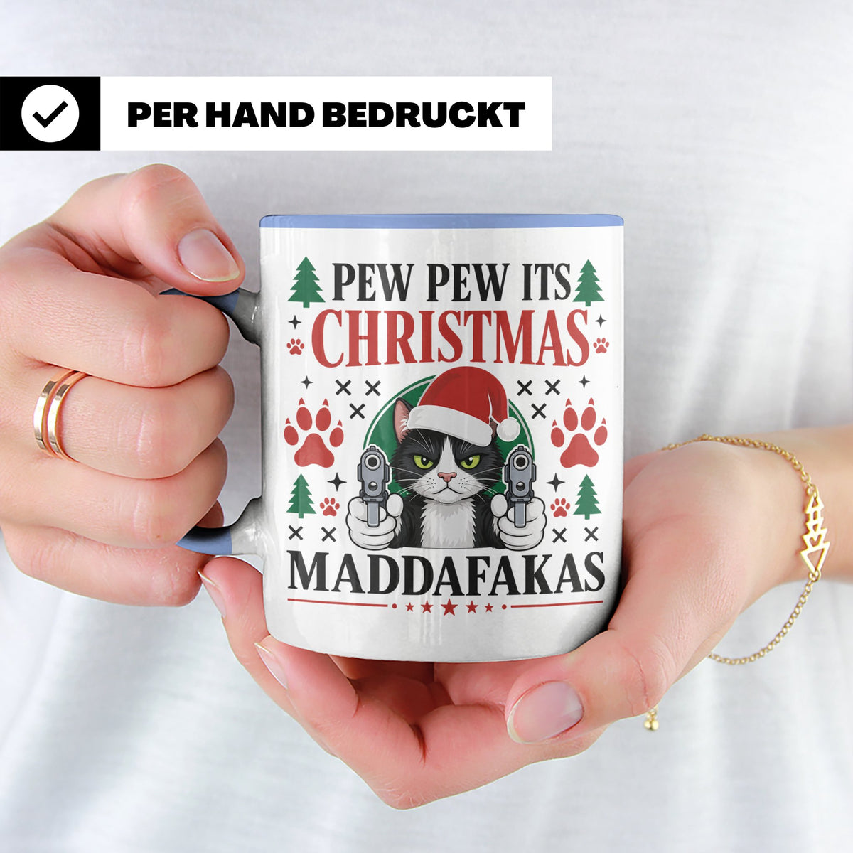 Pew Pew Maddafakas Tasse Katze mit Pistole | Lustiges Gesche – Blau [farbe:blau]