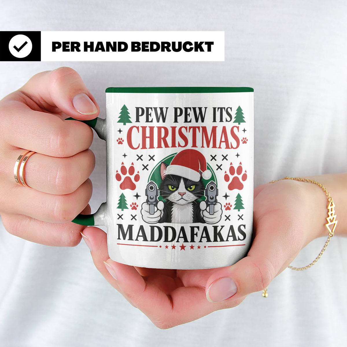 Pew Pew Maddafakas Tasse Katze mit Pistole | Lustiges Gesche – Grün [farbe:grün]