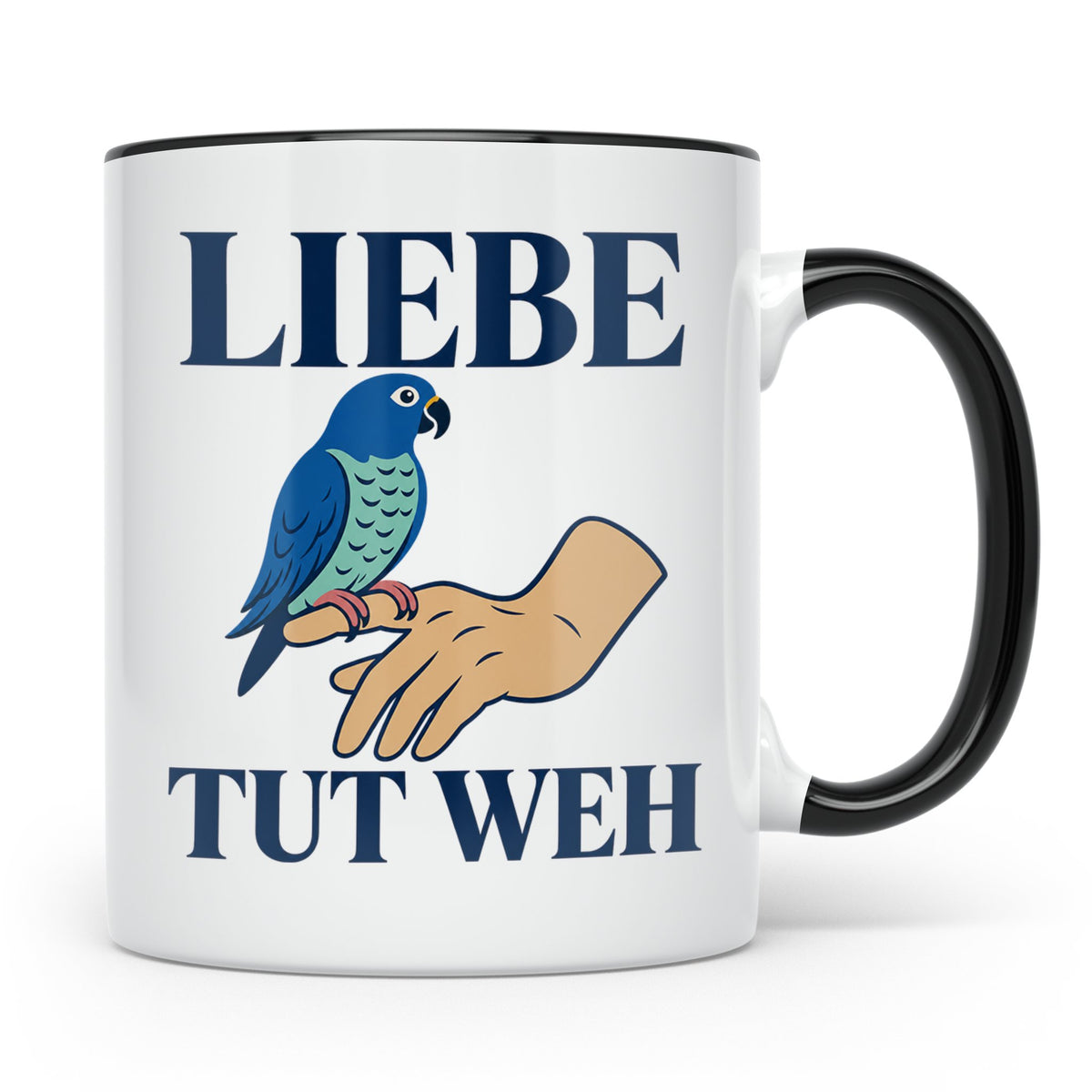 Liebe tut weh Tasse mit Papagei, lustiger Spruch für Vogelha – Schwarz [farbe:schwarz]